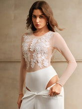 Anewsta Round-Neck Long Sleeve Casual Bodysuit With 3D Floral Decoration